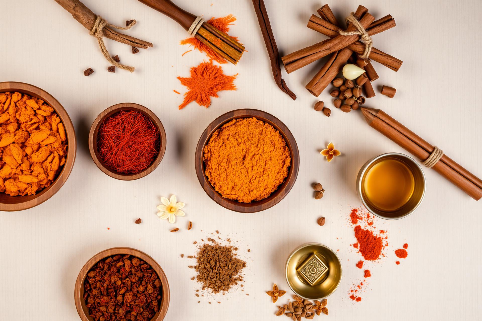 Ayurvedic herbs, spices and oils flatlay