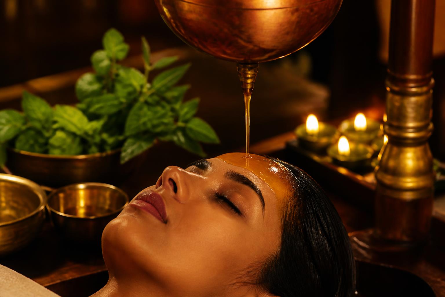 Shirodhara Ayurvedic therapy with warm herbal oil